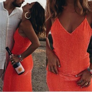 Retrofete - Red / Orange Sequin Rebecca midi slip dress - size XS